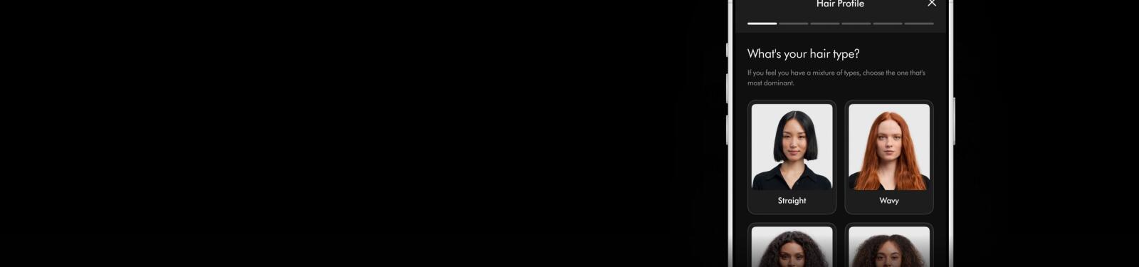 Een app-scherm vraagt naar haartype met opties zoals 'Steil' en 'Golvend'.