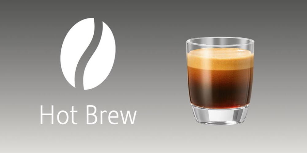 Logo met koffieboon en tekst "Hot Brew", naast een glas espresso.