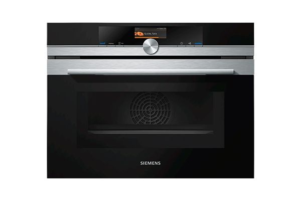 Ingebouwde zwarte Siemens oven met roestvrijstalen handgreep en digitaal display.