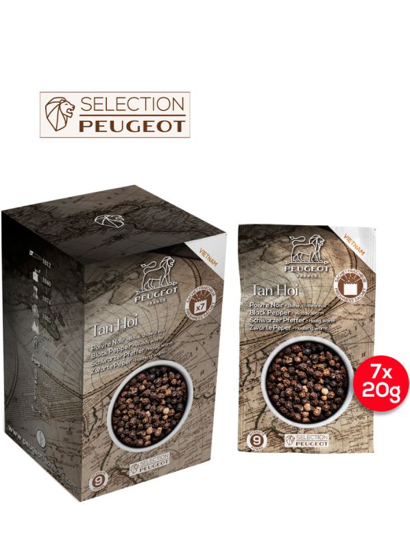 Peugeot doos met 7 zakjes Tan hoi zwarte peper 140g (7*20g) - Verpakking