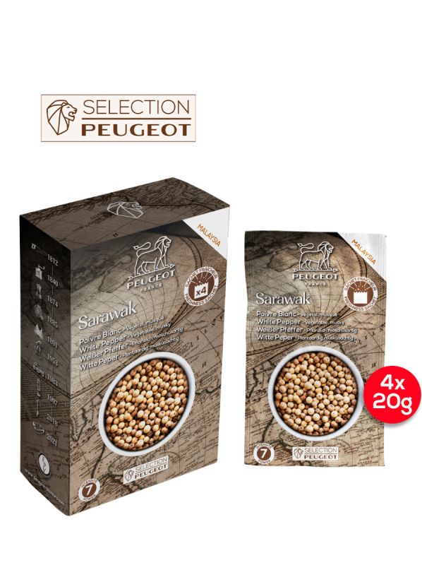 Peugeot doos met 4 zakjes Sarawak witte peper 80g (4*20g) - verpakking