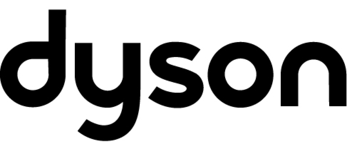 Dyson logo met zwarte, gestileerde letters op een witte achtergrond.