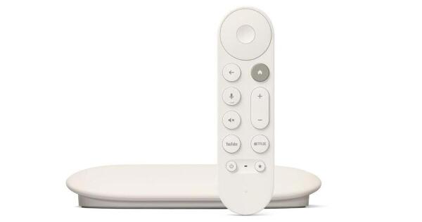 Witte afstandsbediening met verschillende knoppen staat rechtop voor een rechthoekig apparaat.