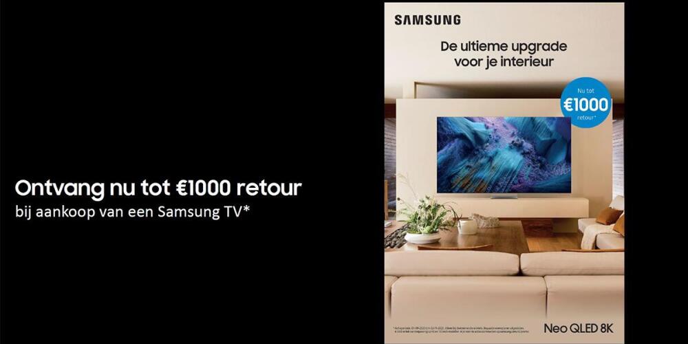 Promotie voor Samsung Neo QLED 8K TV met een cashbackactie tot €1000 retour.