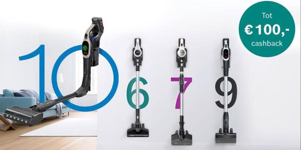 Vier stofzuigers met cashback-aanbieding tot €100, naast de nummers 10, 6, 7 en 9.