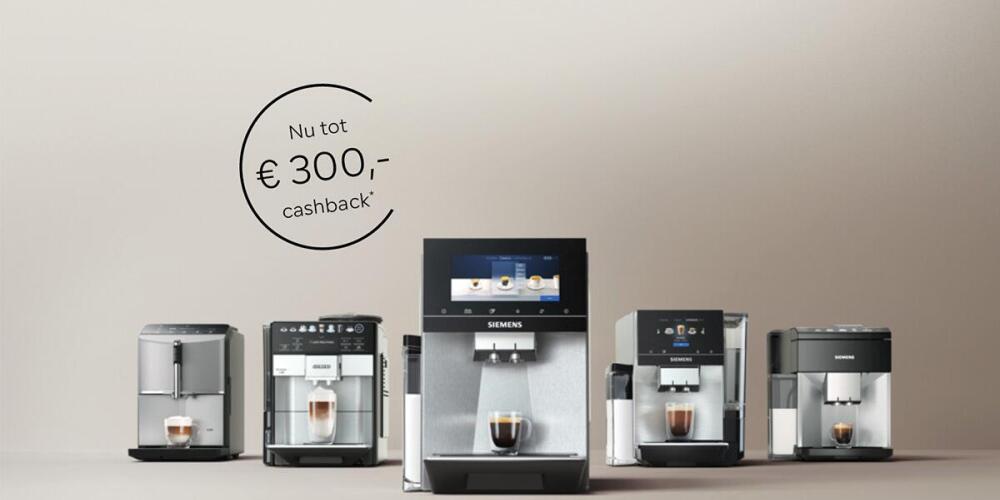 Vijf Siemens koffiemachines met een cashback-aanbieding van tot €300,-.