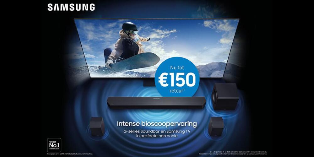 Samsung promotie voor een soundbar en TV met een snowboarder op het scherm.